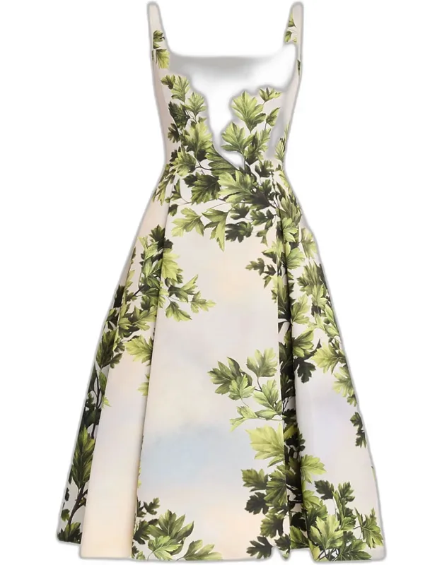 Foliage-print Square-neck Midi Dress