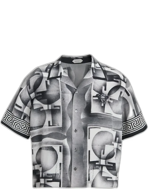 Silk Abstract La Greca-trim Camp Shirt