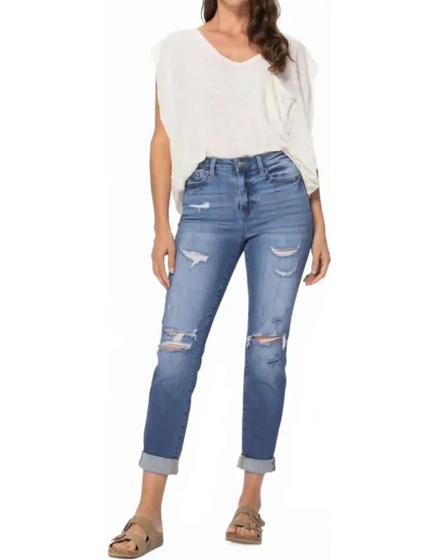 High Waist Cuffed Distressed Boyfriend Jeans