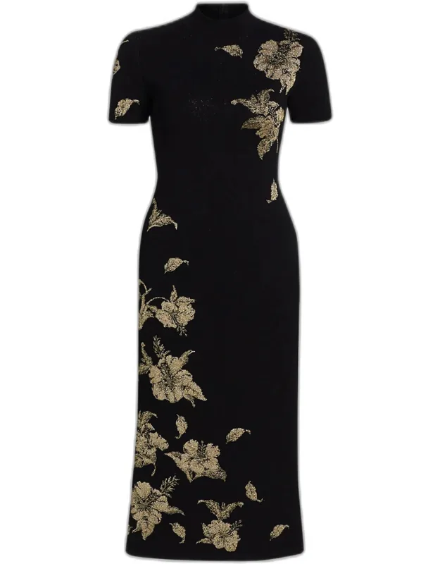 Hibiscus Flower Knit Short-sleeve Midi Dress