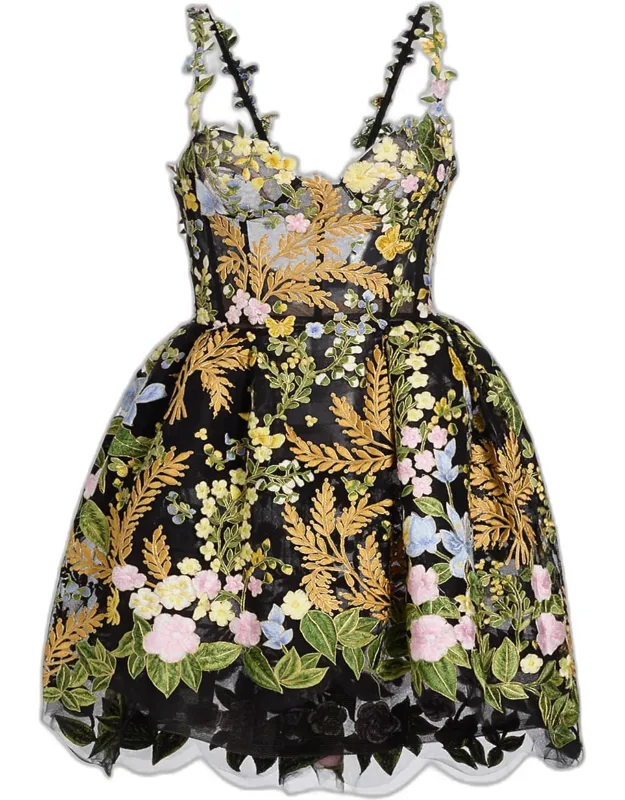 Mixed Botanical Embroidered Tulle High-low Dress