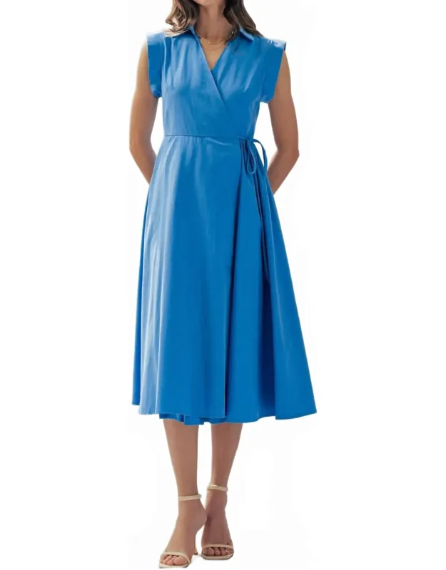 Collared Cap Sleeve Wrap Midi Dress