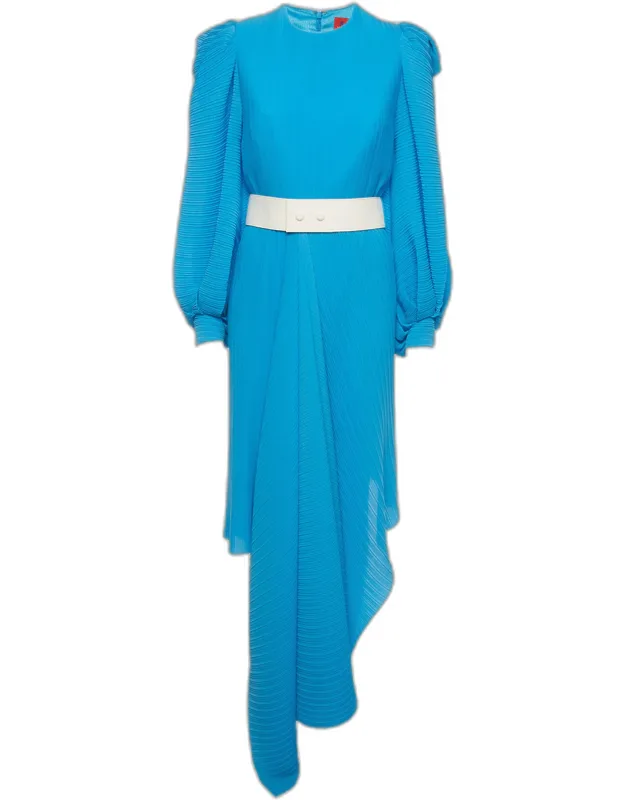 Plissé Asymmetric Belted Maxi Dress