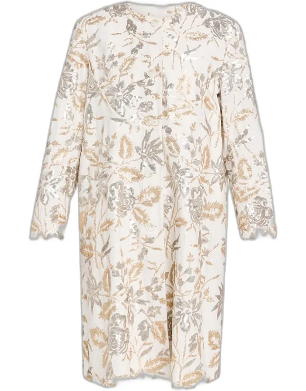 Floral Sequined Collarless Car Coat