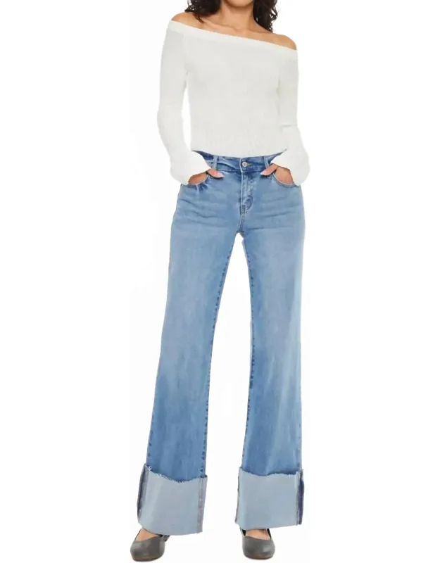 Mid Rise Wide Flare Cuff Western Jeans