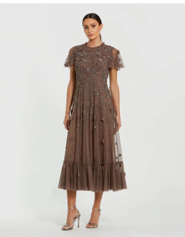 Embellished High Neck Flutter Sleeve A Line Dress