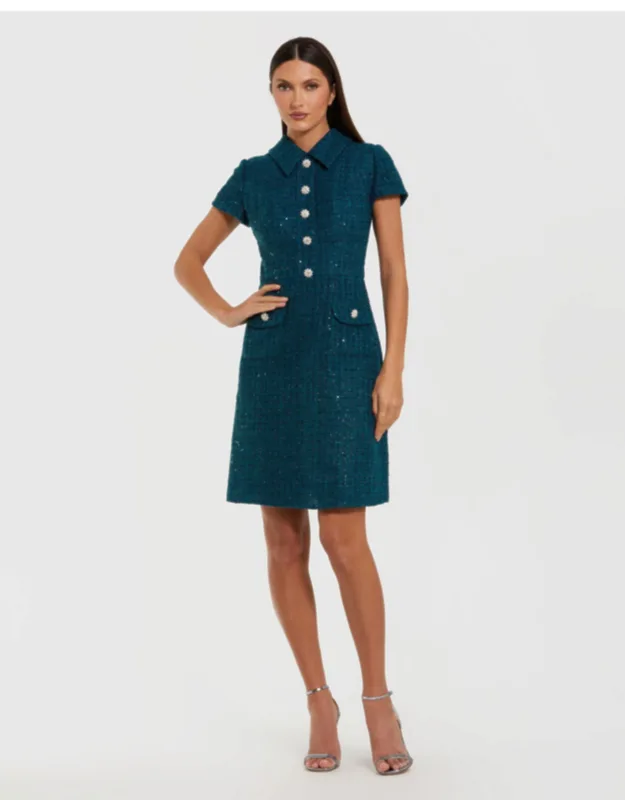 Short Sleeve Collared Boucle Mini Dress