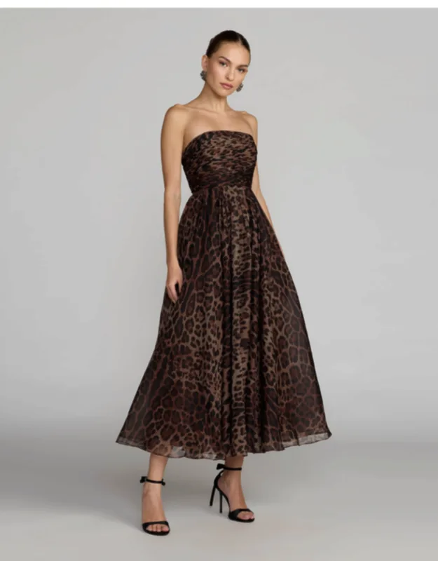 Leopard Strapless A-line Chiffon Midi Dress