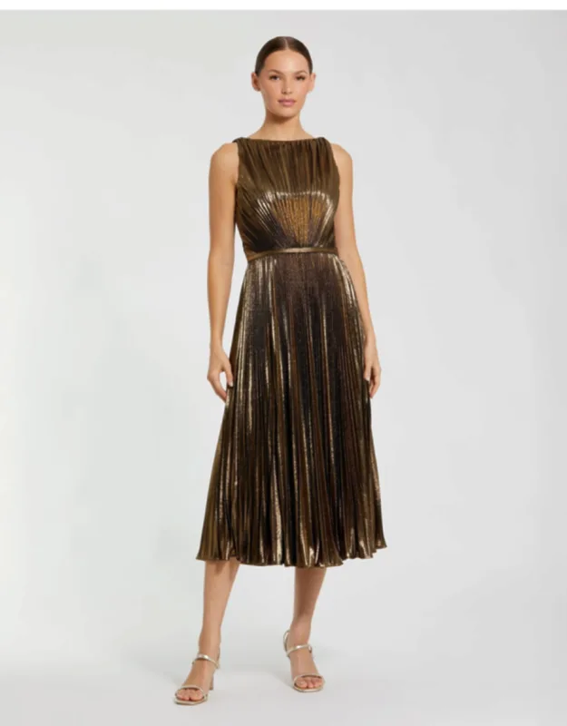 Gold Metallic Pleated High Neck Midi Dress