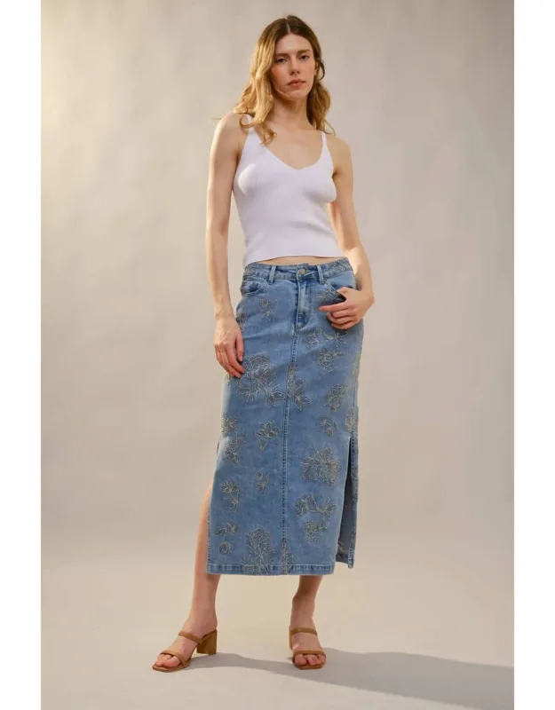 Floral Embroidered Denim Skirt