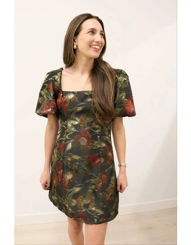 Dita Jacquard Print Short Puff Sleeve Mini Dress