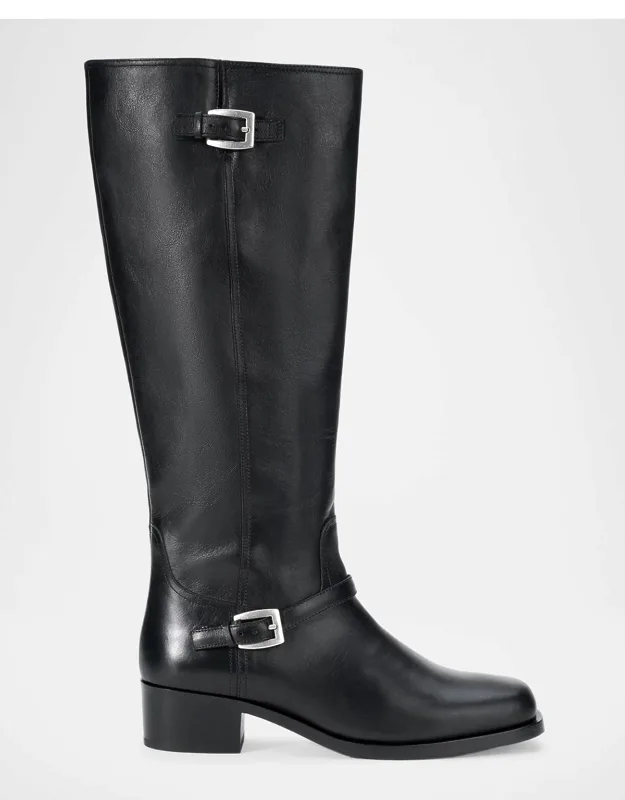 Knee-high Boots With Silver-tone Buckles And Block Heel