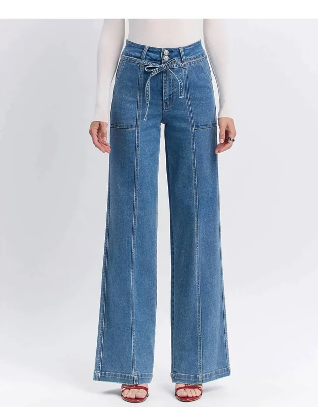 Super High Rise Tie Waistband Wide Leg Jeans