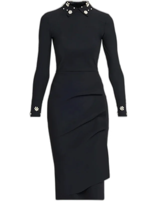 Embellished Long-sleeve Gathered Midi Dress