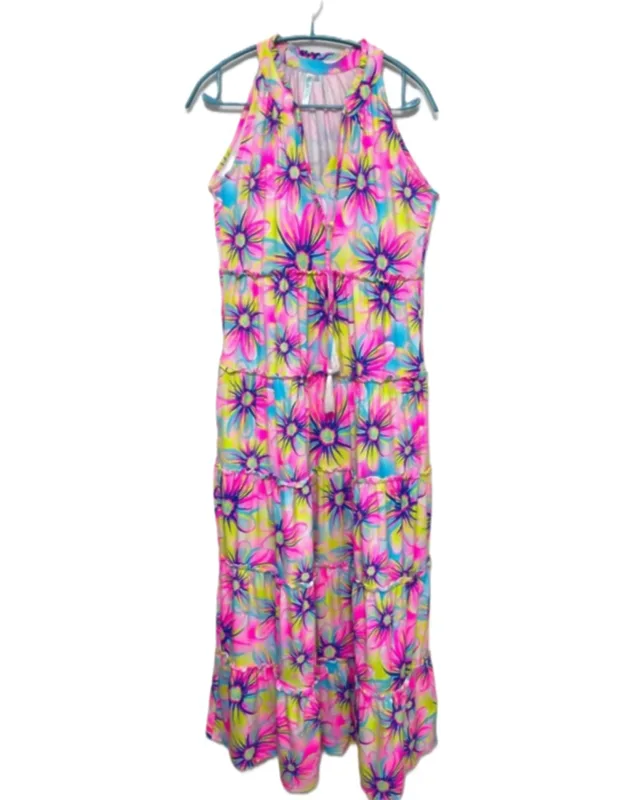 Ruffle Rows Bright Flower Print Sleeveless Dress