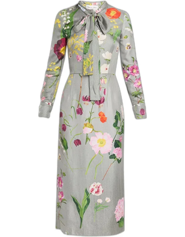 Mixed Botanical Silk Scarf-neck Midi Dress