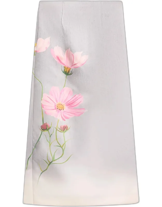 Cosmos Flower-print Satin Midi Skirt
