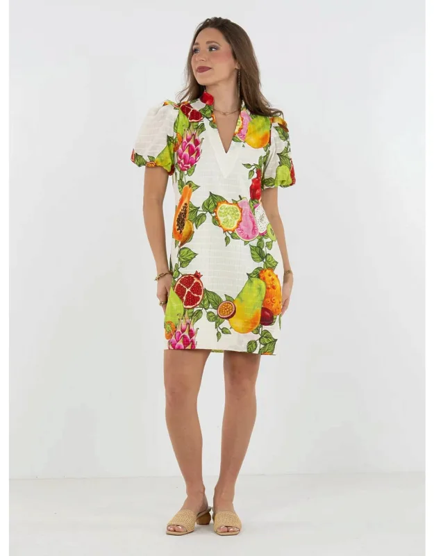 Hampton Mini Dress - Tropical Fruit Print, Puff Sleeves