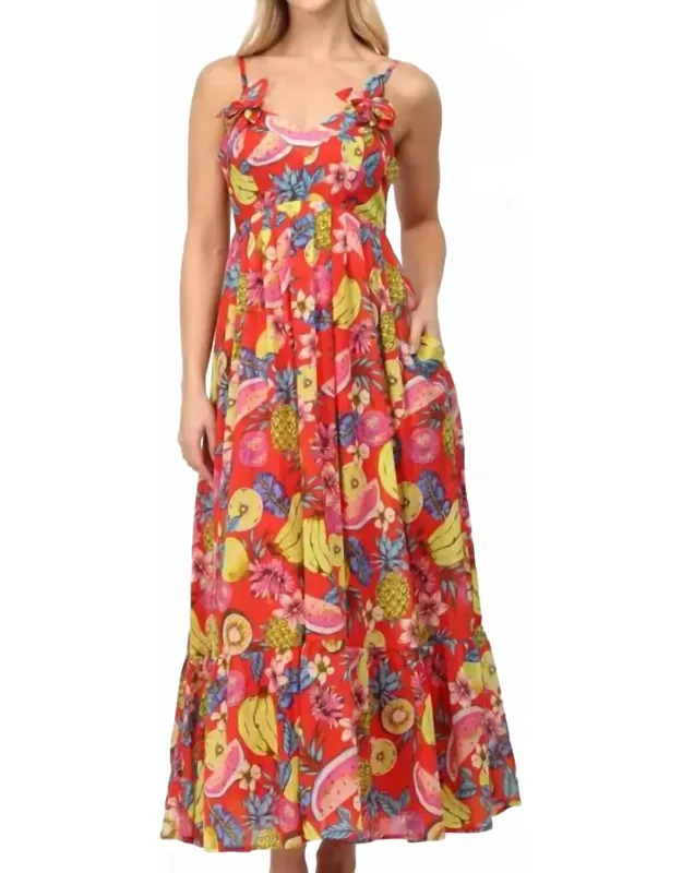 Fruit Motif Print Cotton Voile Floral Trimmed Maxi Dress