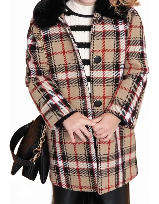 Faux Fur Collar Plaid Coat