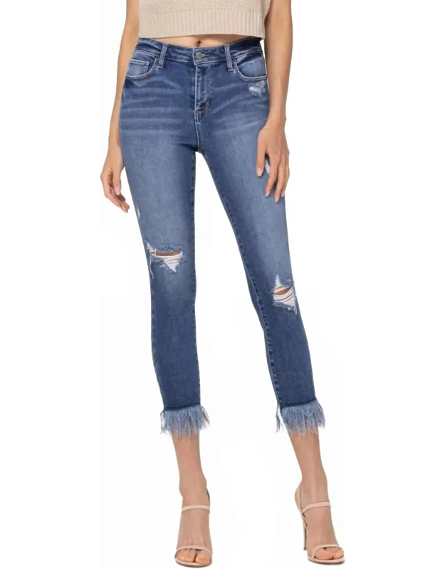 Mid Rise Fringe Hem Crop Skinny Jeans