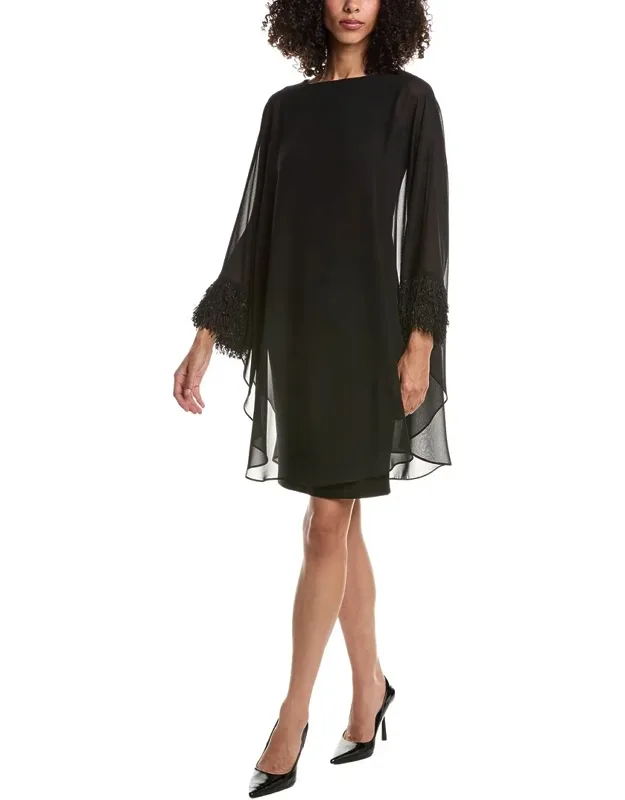 Mini Dress With Boat Neck And Fringe Cuff Details