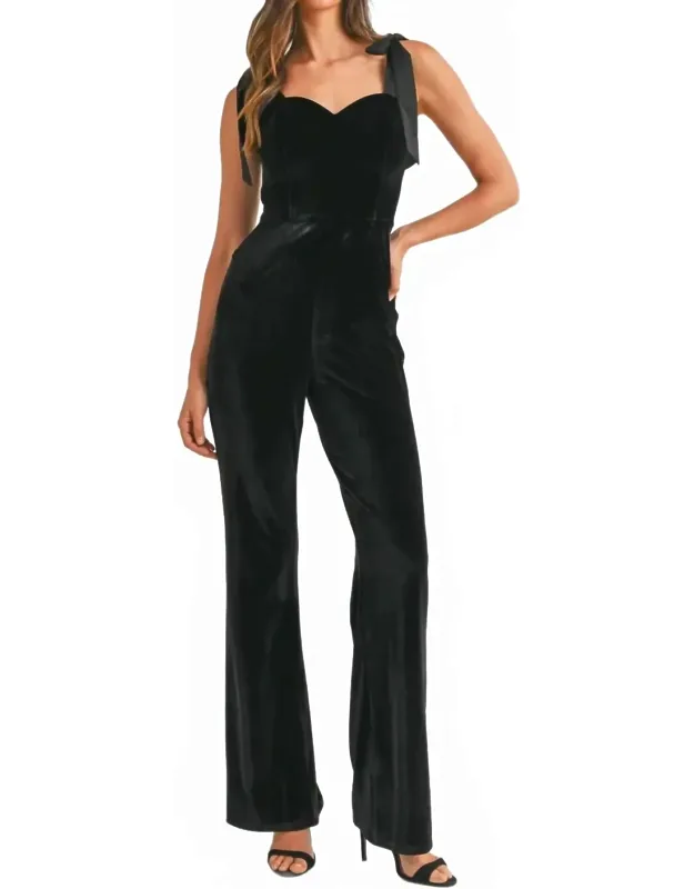 Tie Shoulder Velvet Jumpsuit