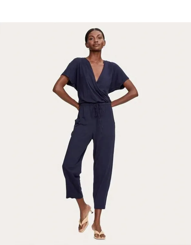 Short Sleeve Surplice Jersey Jumpsuit