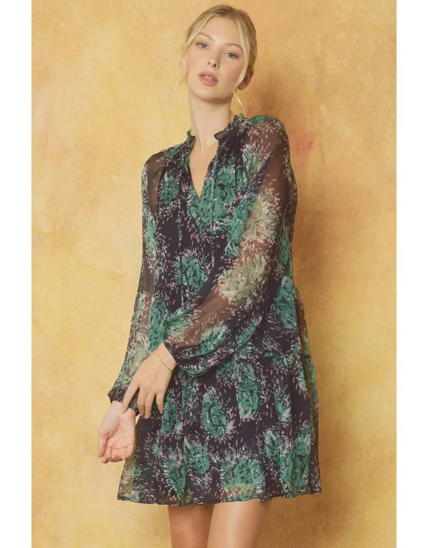 Print V-neck Long Sleeve Tiered Mini Dress