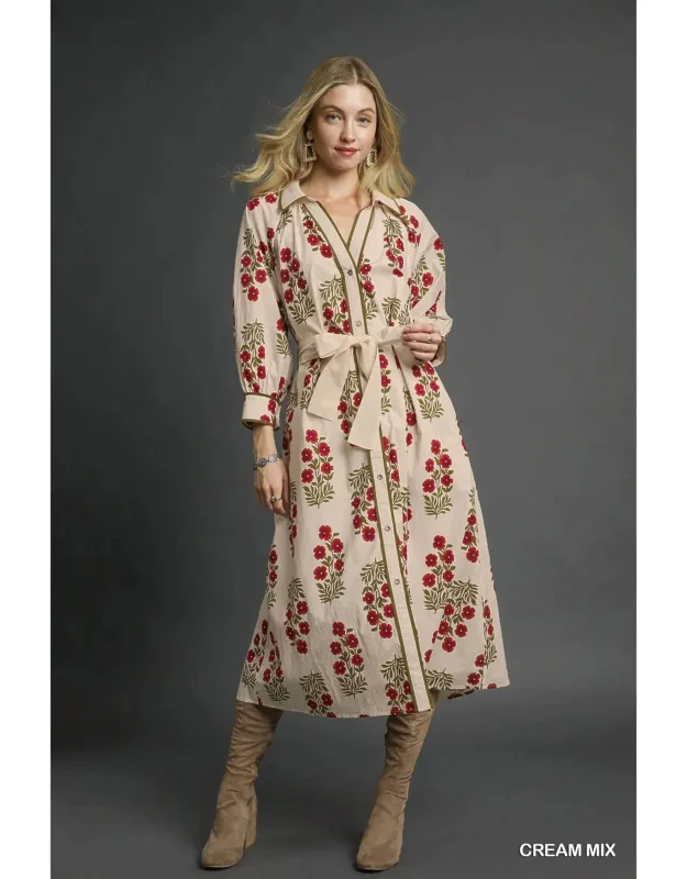 Floral Button-front Maxi Shirt Dress With Waist Tie