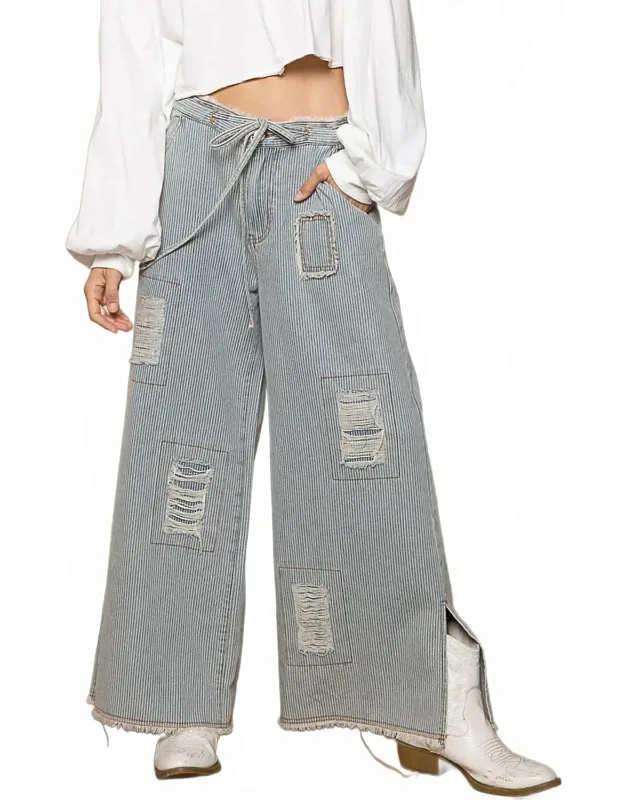 Wide Distressed Striped Denim Pants