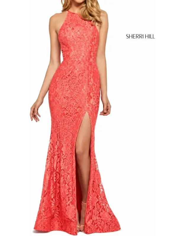Stretch Lace High Slit Halter Gown