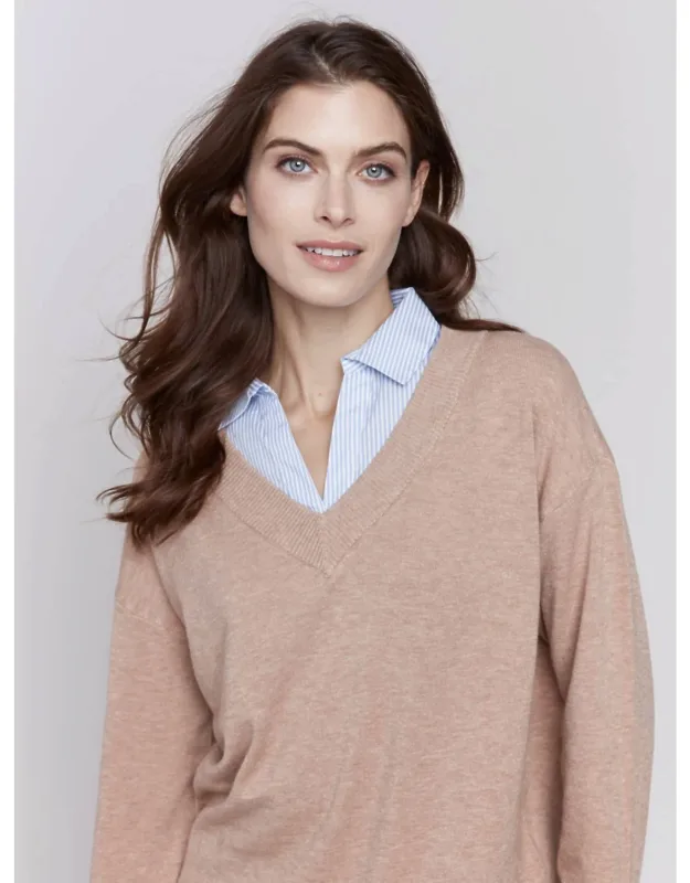 Knit Fooler Sweater With Stripe Shirt Hem