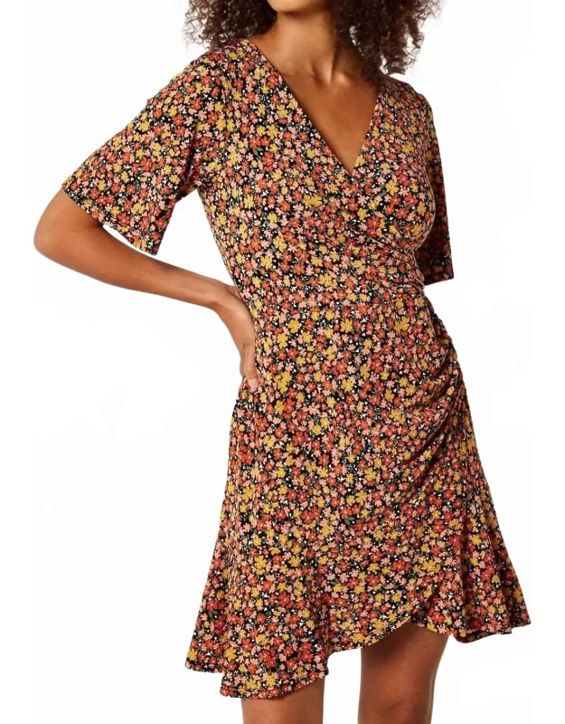 Side Ruch Graphic Ditsy Wrap Dress
