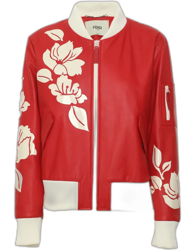Leather Floral Applique Bomber Jacket