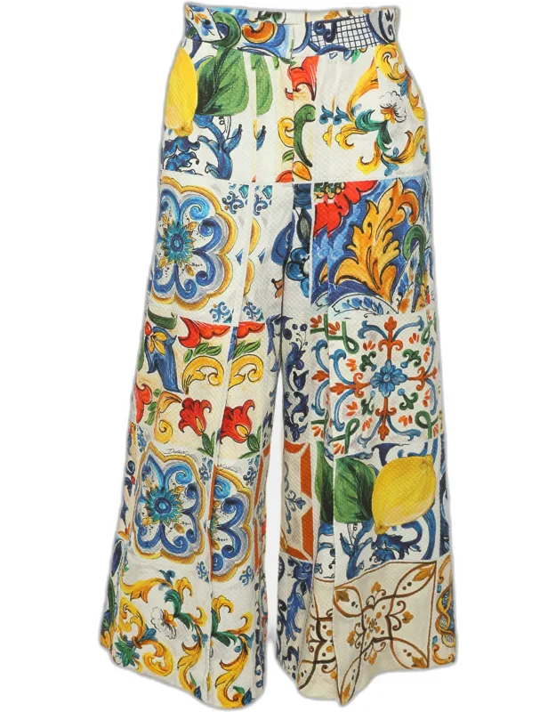 Multicolor Majolica Print Cotton Cropped Trousers
