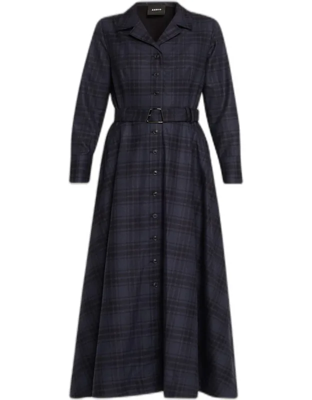 Flannel Plaid Belted Long-sleeve Maxi Dress