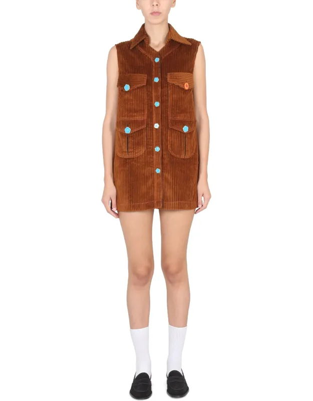 Cormio Corduroy Dress With Pointed Collar And Four Frontal Flap Pockets
