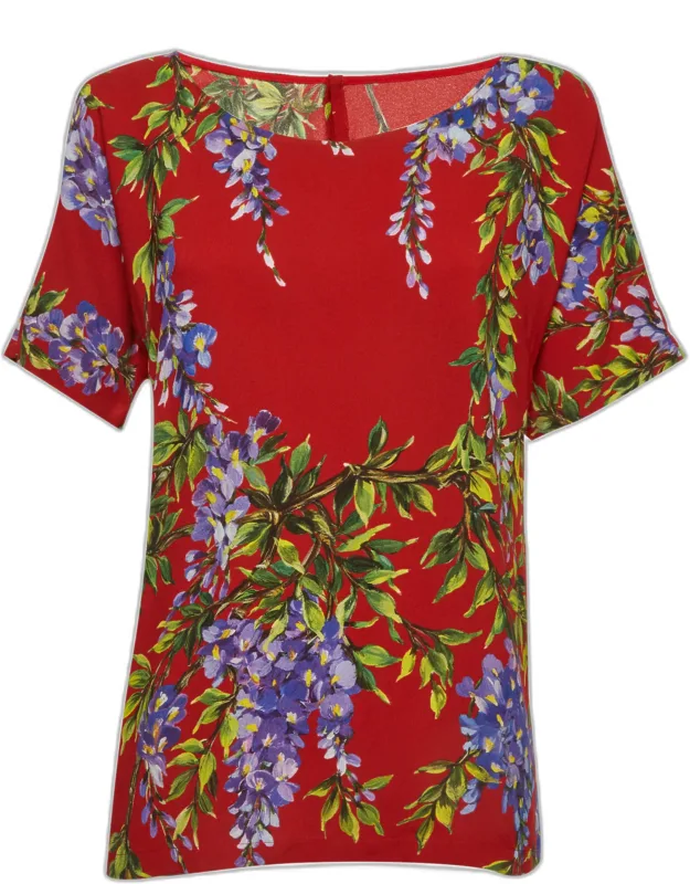 Wisteria Floral Print Crepe Short Sleeve Top