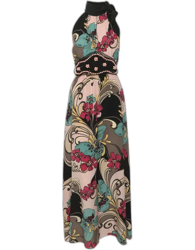 Multicolor Printed Silk Embellished Halter Neck Dress