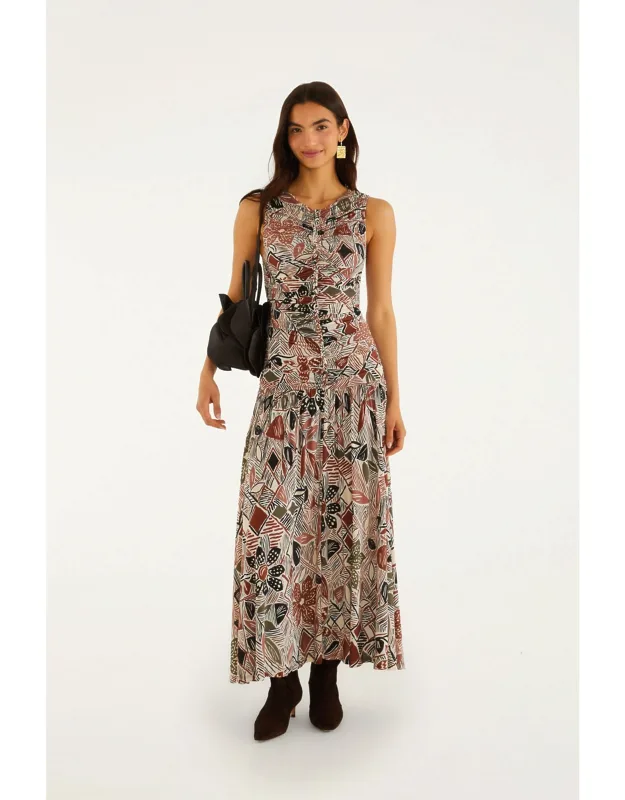 Multicolor Rustic Flowers Sleeveless Ruched Maxi Dress