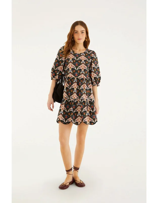 Porcelain Birds Puff Sleeve Mini Dress