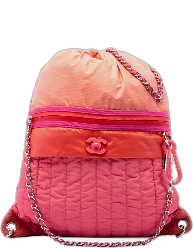 Coco Pink Large Multicolor Vertical Quilted Nylon Convertible Backpack Bag