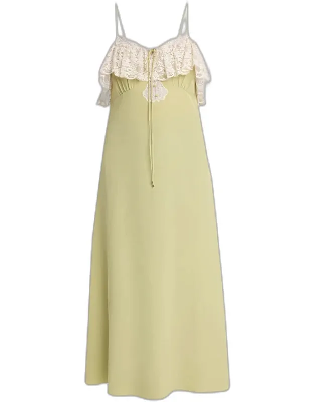 Lace-ruffle Silk Crepe De Chine Maxi Slip Dress