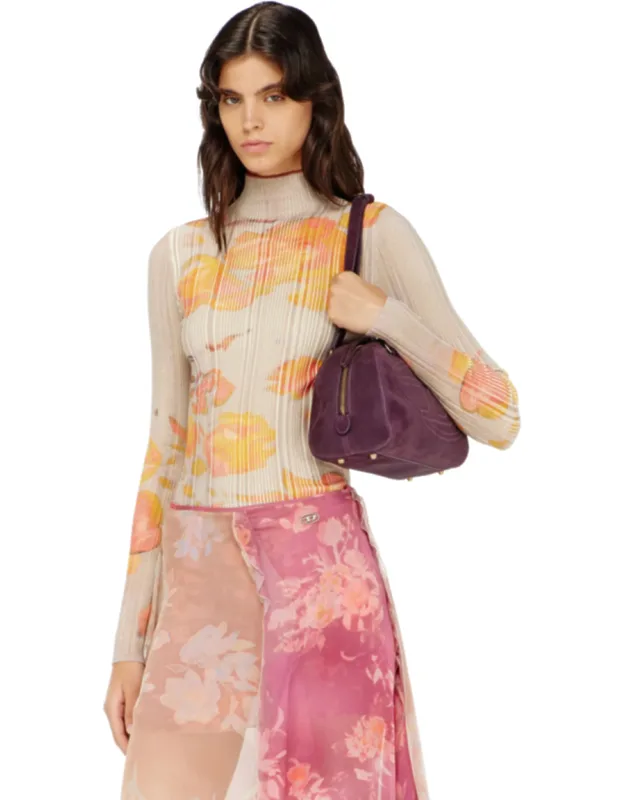 Ribbed Wool Turtleneck Top With Floral Print