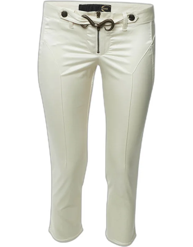 Cream Stretch Satin Lace Up Capri Pants