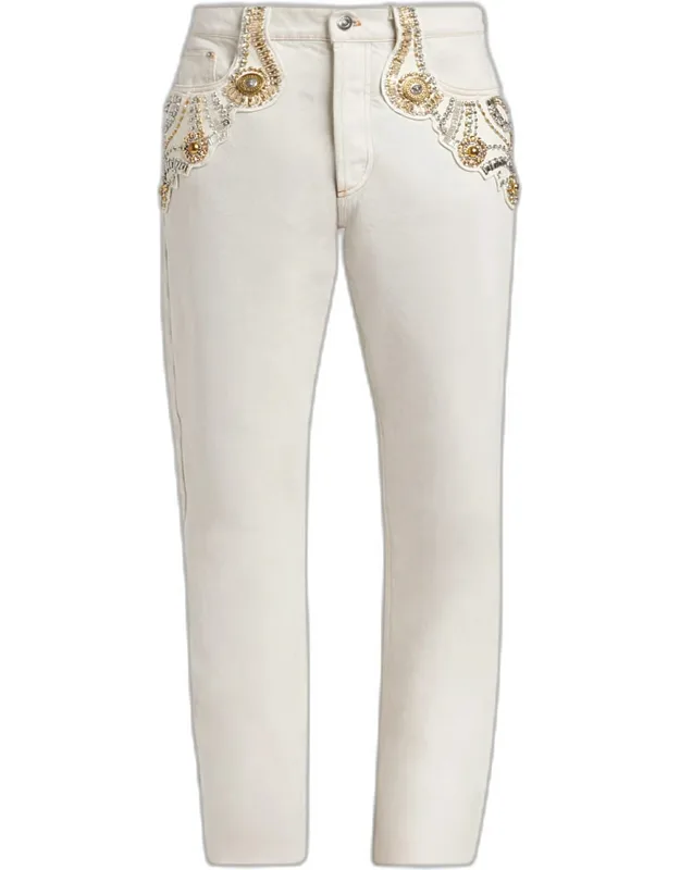 Crystal-embroidered Straight-leg Denim Jeans