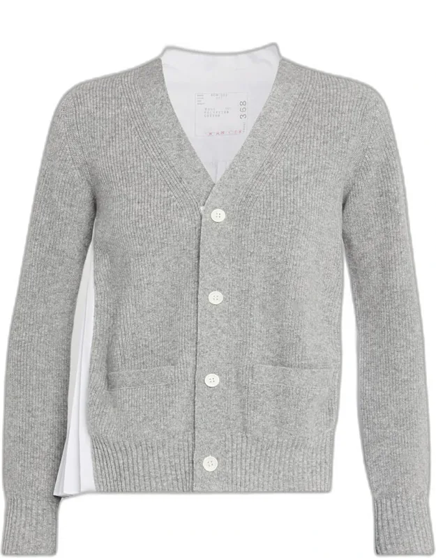 Wool Knit And Cotton Poplin V-neck Cardigan