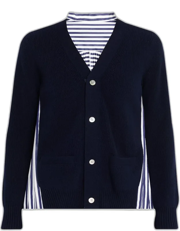 Wool Knit And Cotton Poplin V-neck Cardigan