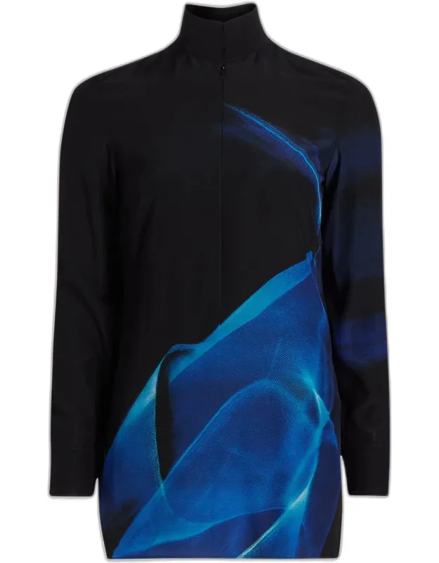 Cyanotype Printed Mock-neck Tunic Blouse